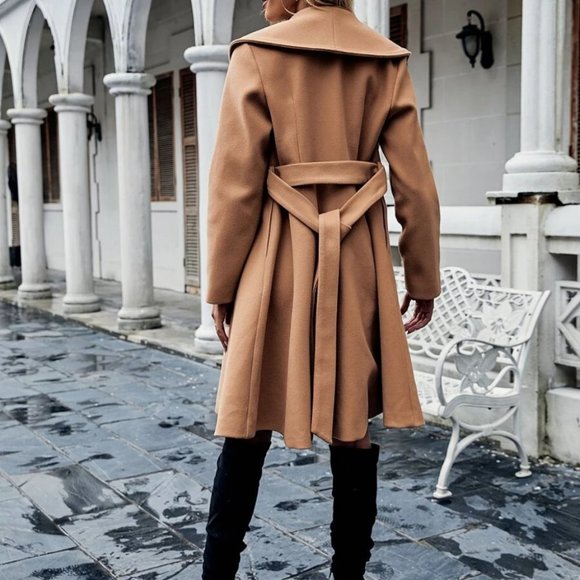 Chic Classy Double Button Belted Overcoat shacket jacket coat carmel - Picture 3 of 7